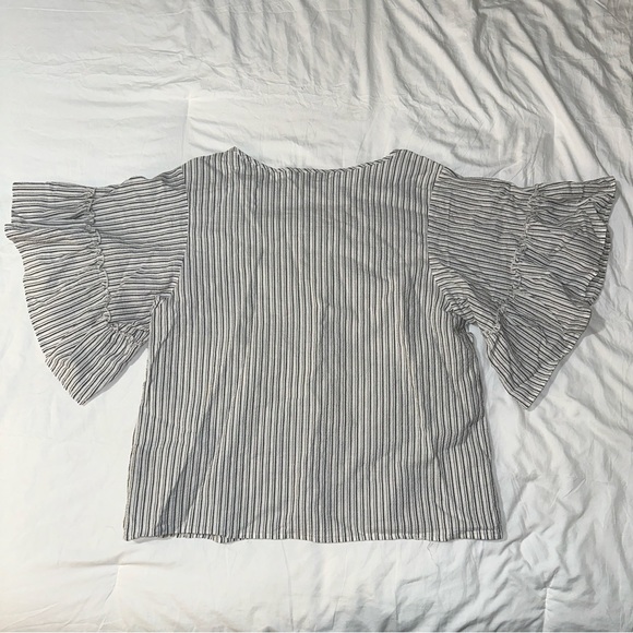 Zac & Rachel | Scoop Neck Striped Mid Length Ruffle Bell Sleeve Nautical Blouse - Picture 5 of 11